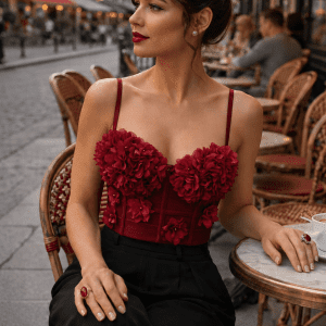 corset soutien-gorge jean rouge bordeaux fleurs 3d femme 35 ans cafe parisien terrasse pantalon palazzo noir look chic