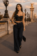 Femme de 40 ans portant un corset soutien-gorge noir à strass avec un jean wide leg brut indigo sur le Pont Alexandre III à Paris au coucher du soleil.