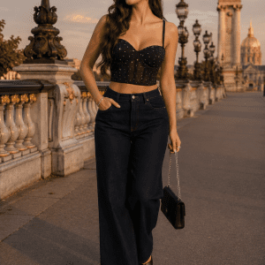 Femme de 40 ans portant un corset soutien-gorge noir à strass avec un jean wide leg brut indigo sur le Pont Alexandre III à Paris au coucher du soleil.
