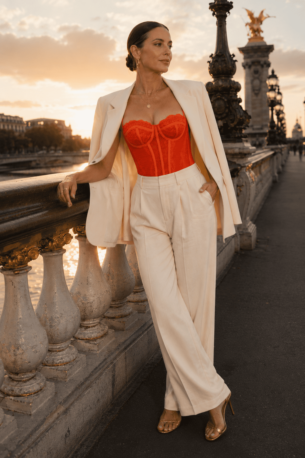 Femme de 40 ans portant un corset soutien-gorge rouge corail en dentelle avec un pantalon crème et un blazer oversize crème posé sur les épaules au Pont Alexandre III à Paris.