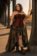Femme élégante portant un corset steampunk brocart marron grande taille au pont Bir-Hakeim à Paris, avec jupe asymétrique vert olive et bottines victoriennes.