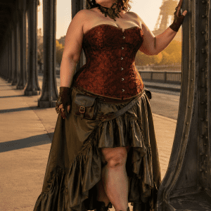 Femme élégante portant un corset steampunk brocart marron grande taille au pont Bir-Hakeim à Paris, avec jupe asymétrique vert olive et bottines victoriennes.