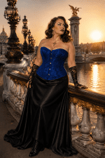 Corset vénitien bleu royal grande taille en jacquard satiné à motif floral ton sur ton, avec fermeture à busc métallique sur le devant, porté avec une jupe longue noire élégante au Pont Alexandre III à Paris au coucher du soleil.