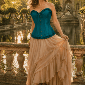 Femme de 45 ans portant un corset vintage vert turquoise à motifs floraux et une jupe longue en mousseline beige devant la fontaine de Médicis à Paris.