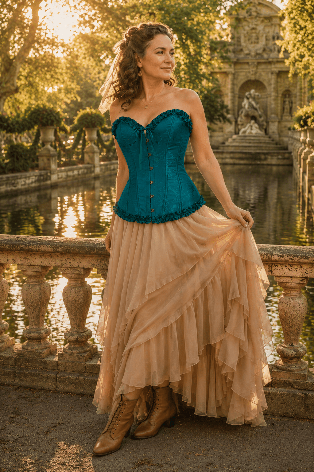 Femme de 45 ans portant un corset vintage vert turquoise à motifs floraux et une jupe longue en mousseline beige devant la fontaine de Médicis à Paris.