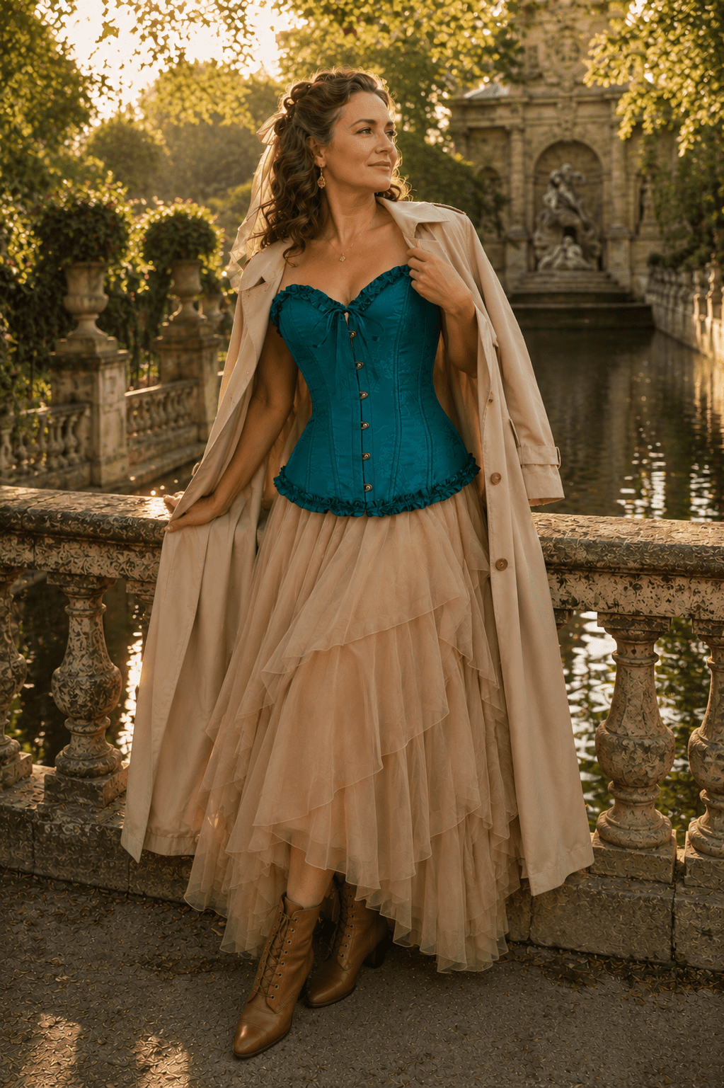 Femme de 45 ans portant un corset vintage vert turquoise avec un trench beige fluide à la fontaine de Médicis à Paris.