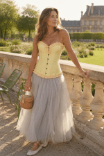 Femme de 45 ans portant un corset victorien jaune pastel boudoir chic en brocart floral avec une longue jupe en tulle gris perle, photographiée au jardin des Tuileries à Paris à la golden hour du matin.