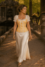 Femme de 40 ans portant un corset victorien romantique jaune fleuri à manches bouffantes en dentelle blanche, associé à une longue jupe fluide en satin blanc cassé, photographiée dans l’allée de la Fontaine Médicis au Jardin du Luxembourg à Paris à la lumière dorée de fin d’après-midi.