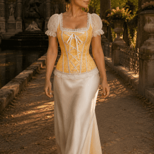 Femme de 40 ans portant un corset victorien romantique jaune fleuri à manches bouffantes en dentelle blanche, associé à une longue jupe fluide en satin blanc cassé, photographiée dans l’allée de la Fontaine Médicis au Jardin du Luxembourg à Paris à la lumière dorée de fin d’après-midi.