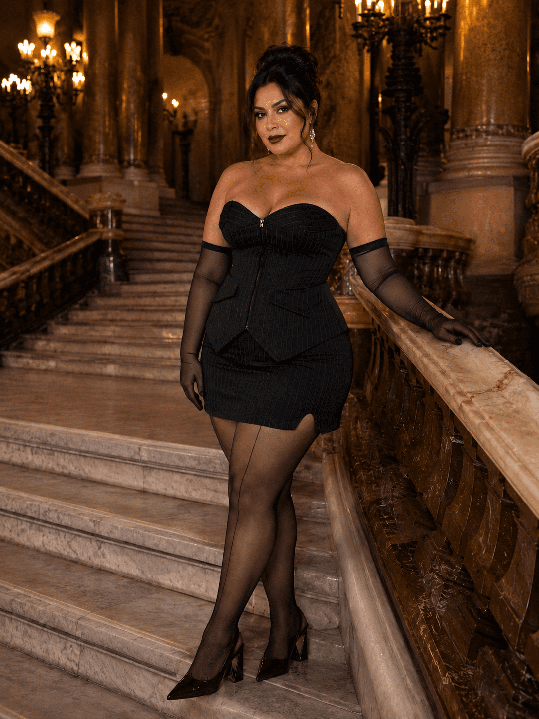 Femme portant un ensemble corset bustier gothique grande taille noir à rayures tennis avec mini-jupe assortie dans le grand escalier du Palais Garnier.