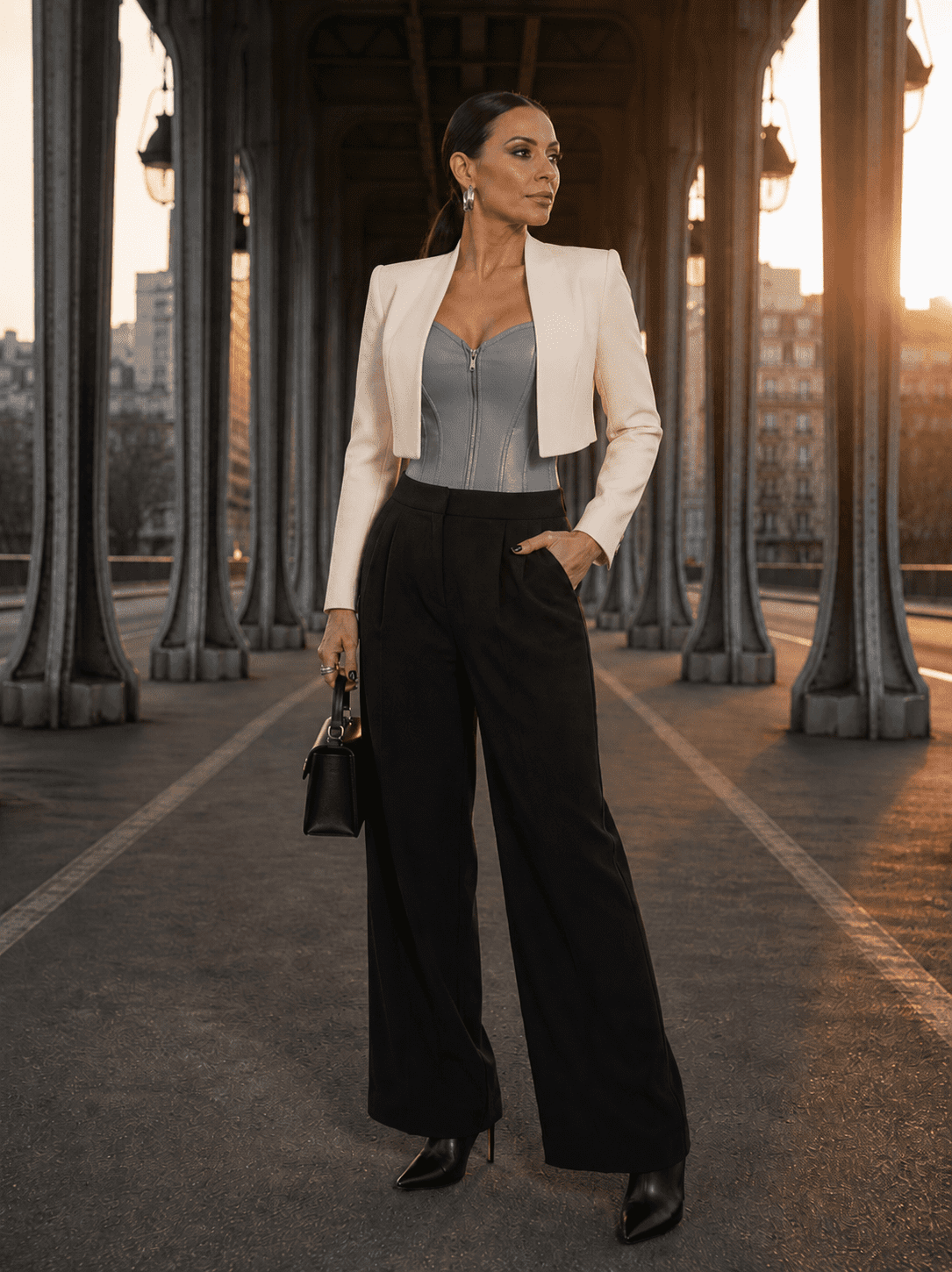 Femme portant un corset gris avec un blazer court crème et un pantalon tailleur noir à Paris