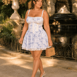 Robe bustier corset blanche fleurie style coquette avec imprimé bleu pastel, fines bretelles, détail noué à la poitrine et jupe évasée bordée de dentelle.