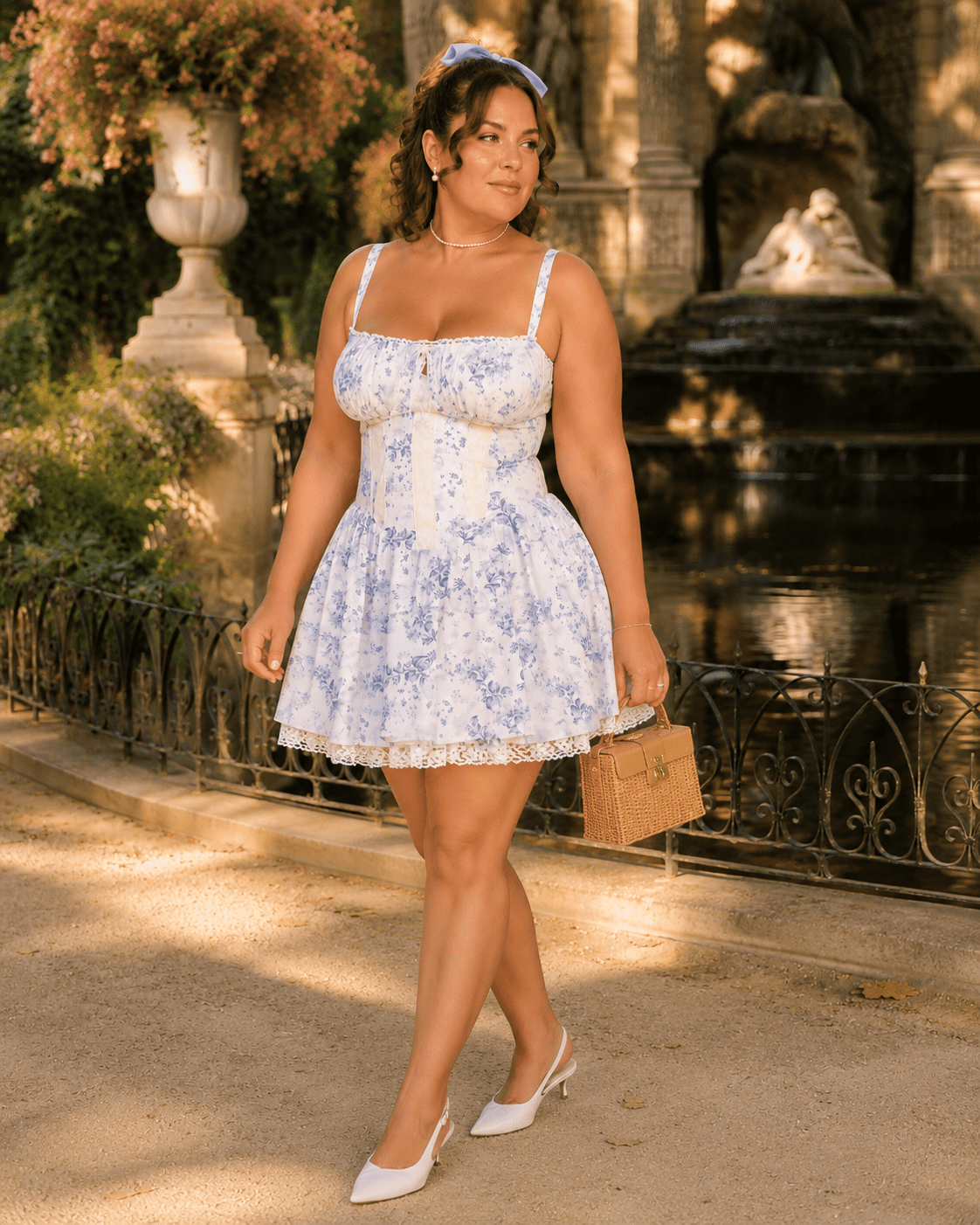 Robe bustier corset blanche fleurie style coquette avec imprimé bleu pastel, fines bretelles, détail noué à la poitrine et jupe évasée bordée de dentelle.