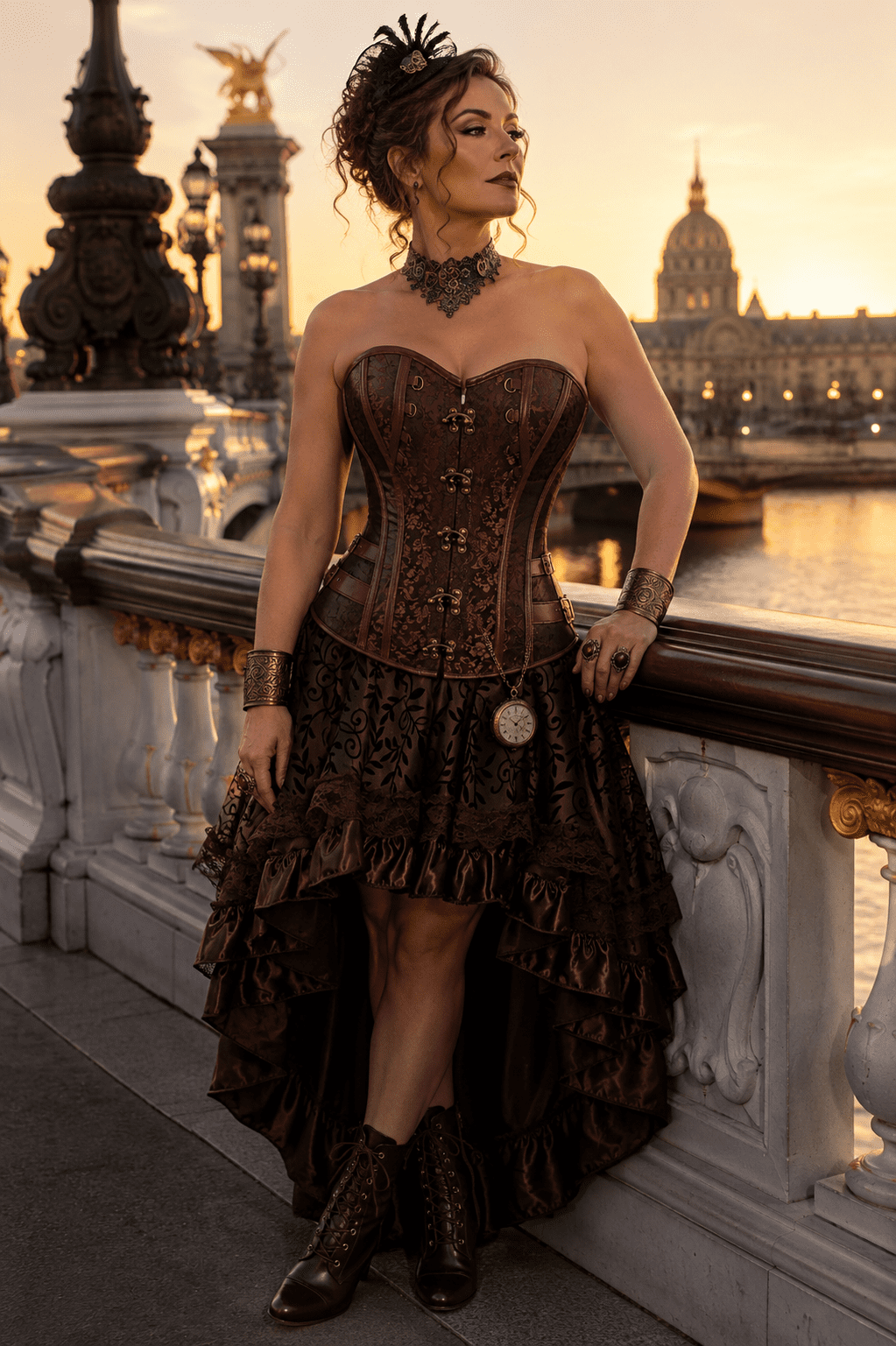 Robe corset bustier pirate marron steampunk portée au pont Alexandre III à Paris, jupe asymétrique à volants et détails victoriens, photo éditoriale à la golden hour