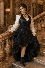 Robe corset bustier pirate steampunk noire avec chemisier victorien blanc, jupe asymétrique à volants et bottines victoriennes, photographiée sur le grand escalier du palais Garnier à Paris.