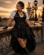 Robe corset pirate steampunk grande taille noire avec bustier effet cuir, jupe asymétrique à volants et dentelle, photographiée au pont Alexandre III à Paris à la golden hour.