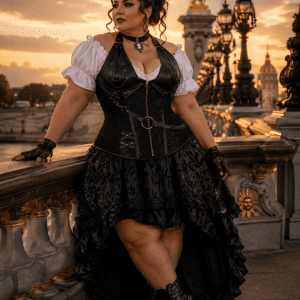 Robe corset pirate steampunk grande taille noire avec bustier effet cuir, jupe asymétrique à volants et dentelle, photographiée au pont Alexandre III à Paris à la golden hour.