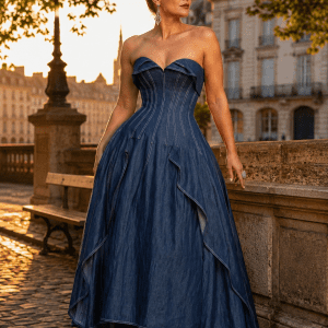 Robe de bal bustier corset effet jean bleu portée par une femme de 40 ans à la Place Dauphine au coucher du soleil