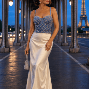 Femme de 40 ans portant un corset soutien-gorge en jean à paillettes avec jupe longue satinée crème au Pont Bir-Hakeim à Paris
