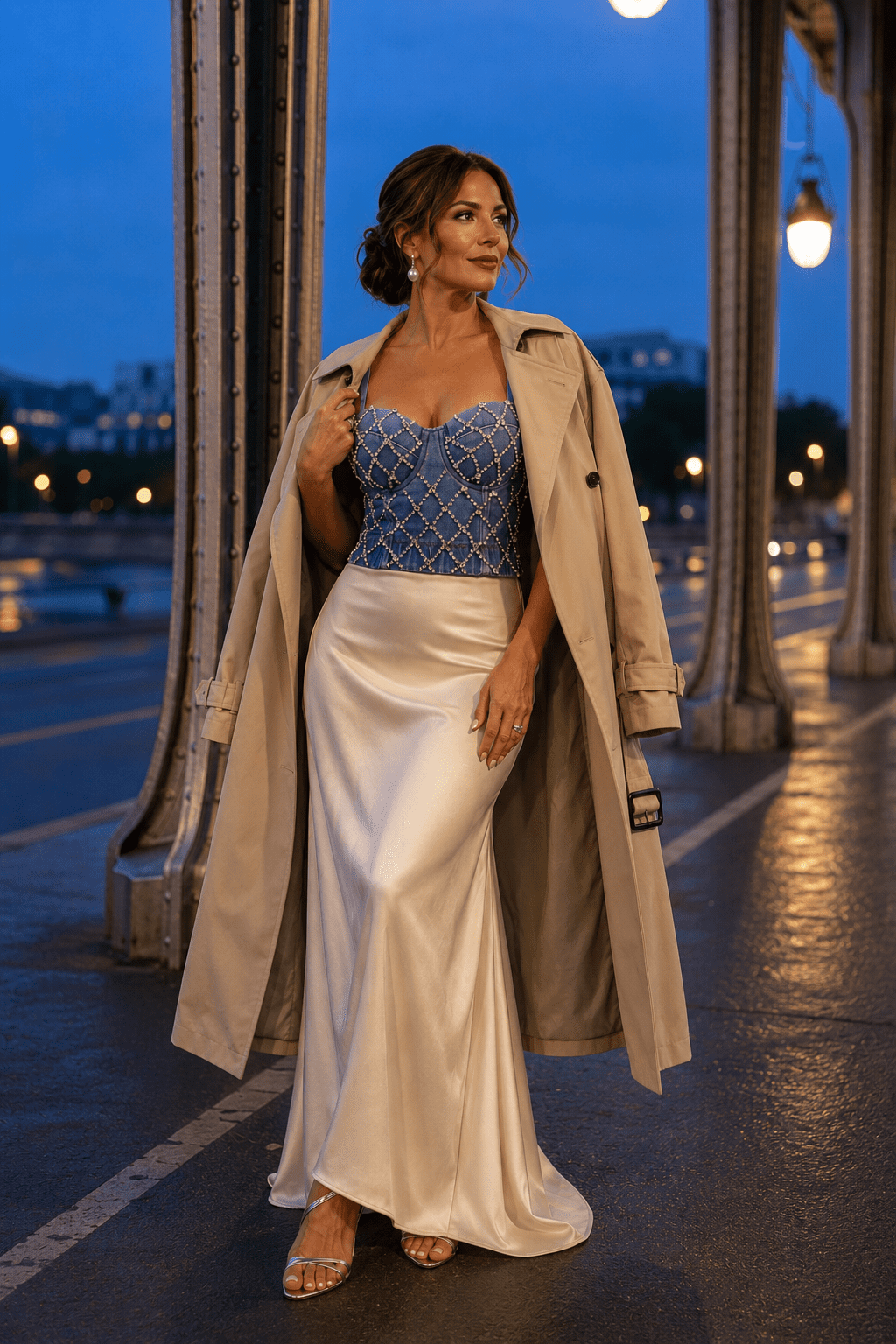 Femme portant un corset soutien-gorge jean à paillettes avec trench beige oversize au Pont Bir-Hakeim
