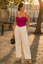 Femme de 40 ans portant un soutien-gorge corset rose magenta avec bonnets drapés structurés, associé à un pantalon fluide blanc cassé taille haute sur la Place Dauphine à Paris sous une lumière dorée de fin d'après-midi.