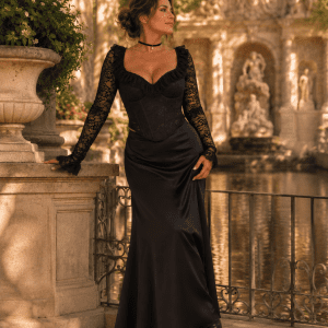 Top bustier noir en dentelle à manches longues porté avec une jupe satin noire au Jardin du Luxembourg près de la fontaine de Médicis