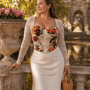Femme de 45 ans portant un top corset blanc cassé fleuri à manches longues en dentelle avec une jupe midi satin crème devant la fontaine de Médicis au Jardin du Luxembourg.