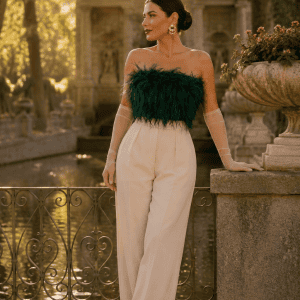 bustier bandeau plumes vert pantalon large creme a la fontaine de medicis