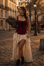 Bustier corset bordeaux effet suédine style pirate porté avec une jupe asymétrique écrue sur la Place Dauphine à Paris à la golden hour.