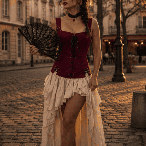 Bustier corset bordeaux effet suédine style pirate porté avec une jupe asymétrique écrue sur la Place Dauphine à Paris à la golden hour.