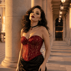 Bustier corset gothique rouge à broderies dorées porté avec une jupe longue noire satinée sous les arcades de la galerie Valois au Palais-Royal, à Paris, dans une lumière dorée de fin de journée.
