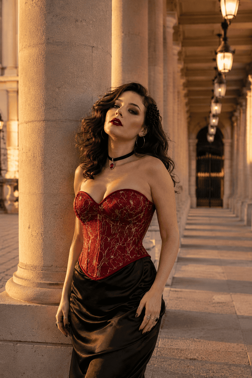 Bustier corset gothique rouge à broderies dorées porté avec une jupe longue noire satinée sous les arcades de la galerie Valois au Palais-Royal, à Paris, dans une lumière dorée de fin de journée.