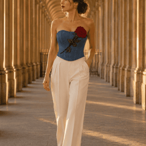 Bustier corset jean Saint-Valentin rose 3D porté avec un pantalon blanc dans les Galeries de Valois à Paris