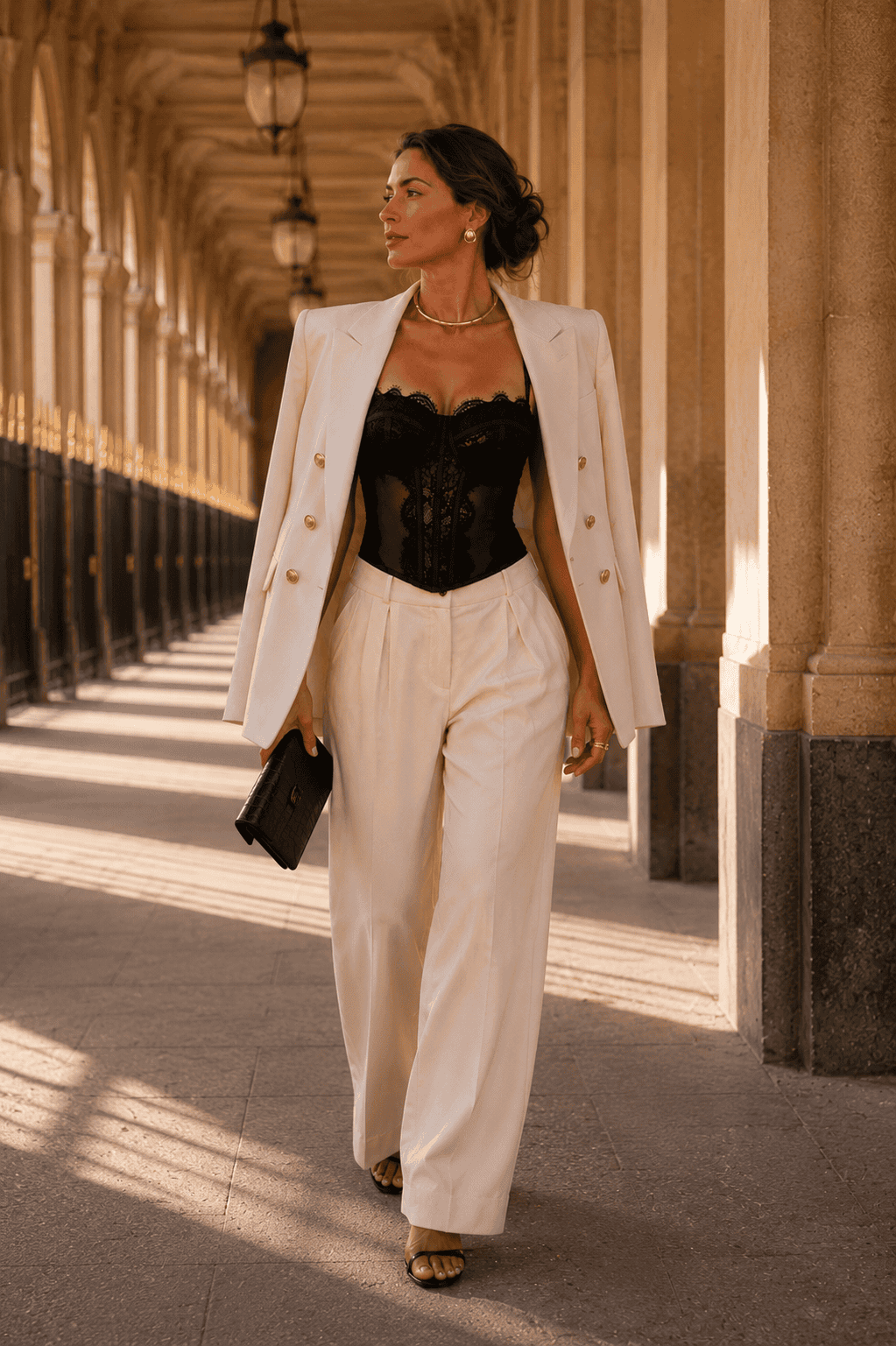 Bustier corset noir à dentelle transparente porté avec un blazer croisé blanc cassé et un pantalon palazzo au palais royal.