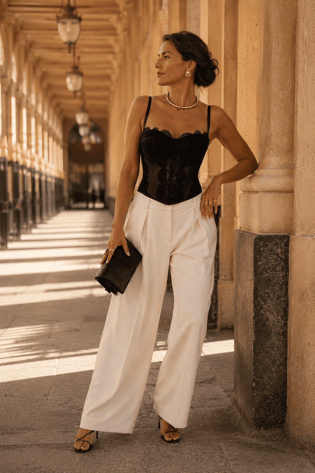 Femme de 40 ans portant un bustier corset noir à dentelle transparente avec pantalon palazzo blanc cassé galerie montpensier au palais royal à Paris.