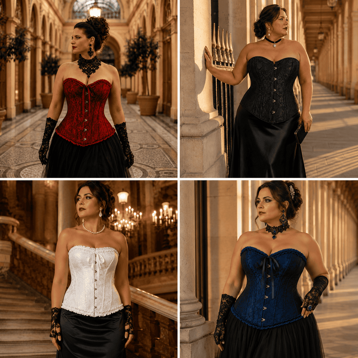 Montage de quatre corsets rouge, noir, blanc et bleu illustrant comment choisir la couleur de son corset selon son style