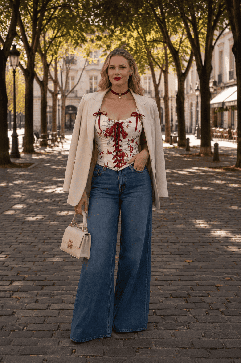 Idée de tenue élégante avec un corset blanc floral, un jean bleu taille haute et un blazer crème à la place Dauphine