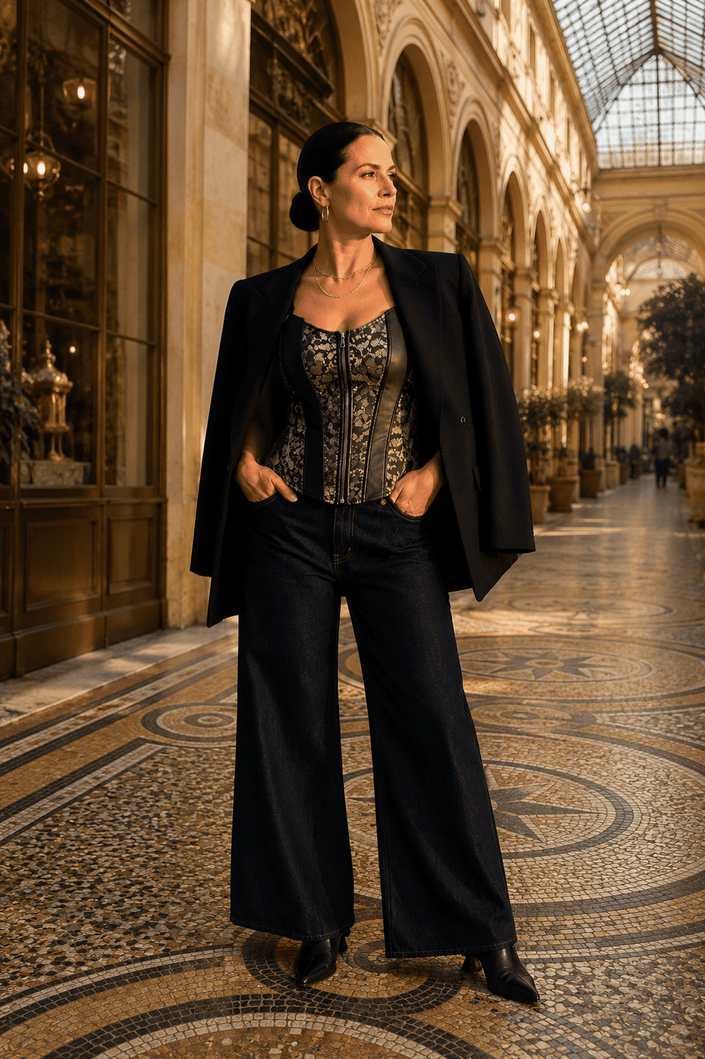 Femme portant un corset noir avec un blazer et un pantalon taille haute à la Galerie Vivienne à Paris.