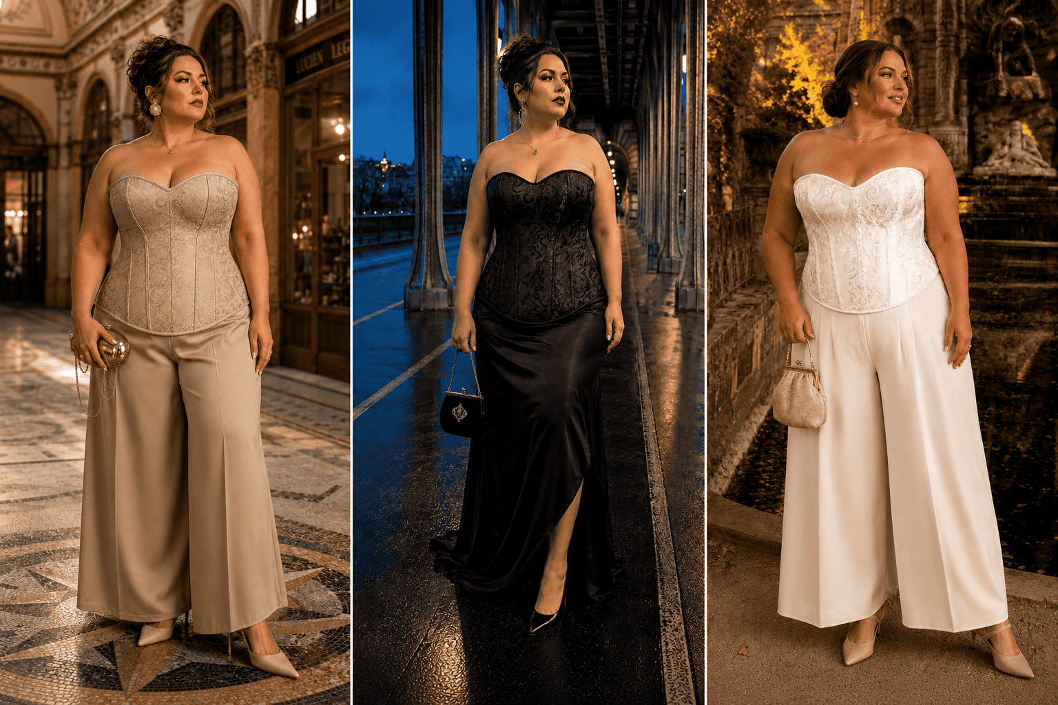 Comparatif de trois corsets grande taille de couleurs nude, noir et blanc portés dans des tenues élégantes pour aider à choisir la couleur ideale