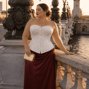 Femme élégante de 40 ans portant un corset blanc vénitien grande taille en jacquard floral avec jupe satinée bordeaux au Pont Alexandre III à Paris pendant la golden hour
