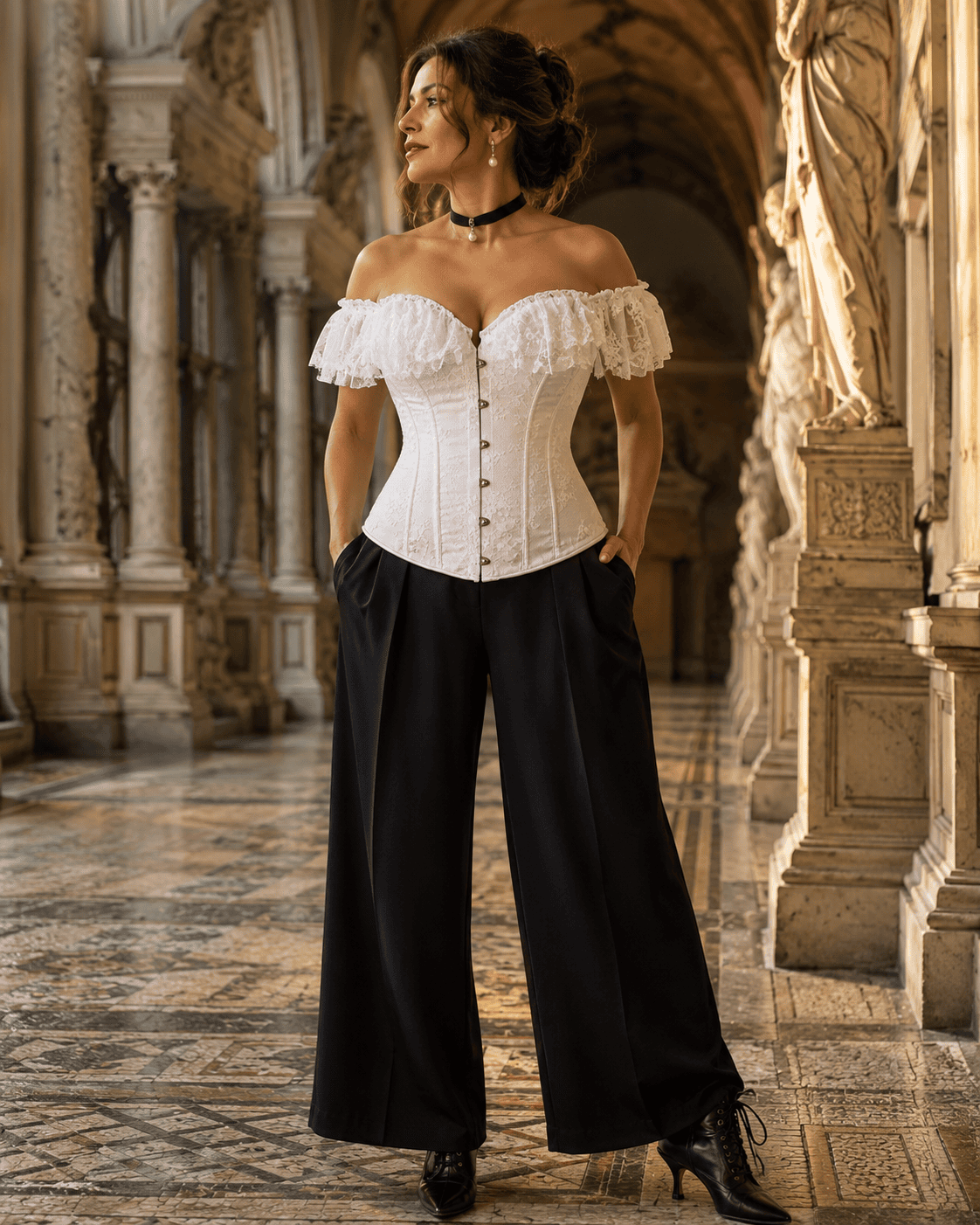 Corset bustier victorien blanc en dentelle florale porté avec un pantalon palazzo noir fluide à la Galerie Colbert à Paris dans une ambiance éditoriale haute couture.