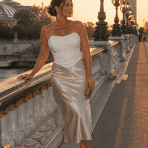 Femme élégante de 45 ans portant un corset bustier blanc à paillettes scintillantes avec jupe satin champagne au Pont Alexandre III à Paris pendant la golden hour