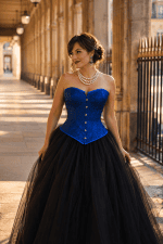 corset bleu cobalt brocart floral femme 45 ans jupe tulle noir a la galerie de montpensier paris golden hour