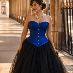 corset bleu cobalt brocart floral femme 45 ans jupe tulle noir a la galerie de montpensier paris golden hour