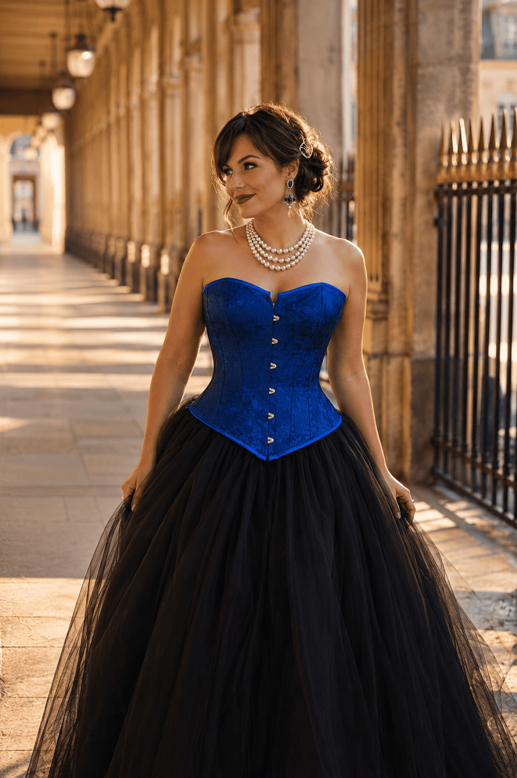 corset bleu cobalt brocart floral femme 45 ans jupe tulle noir a la galerie de montpensier paris golden hour