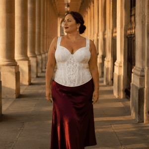 Femme taille 3XL portant un corset bustier blanc en brocart satiné avec jupe midi bordeaux au Palais royal galerie valois à Paris