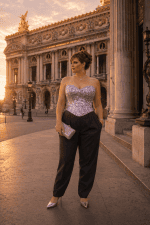 Corset bustier lavande à paillettes scintillantes porté avec un pantalon noir taille haute et des escarpins argentés devant le Palais Garnier à Paris, photographié à la golden hour.