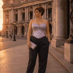 Corset bustier lavande à paillettes scintillantes porté avec un pantalon noir taille haute et des escarpins argentés devant le Palais Garnier à Paris, photographié à la golden hour.