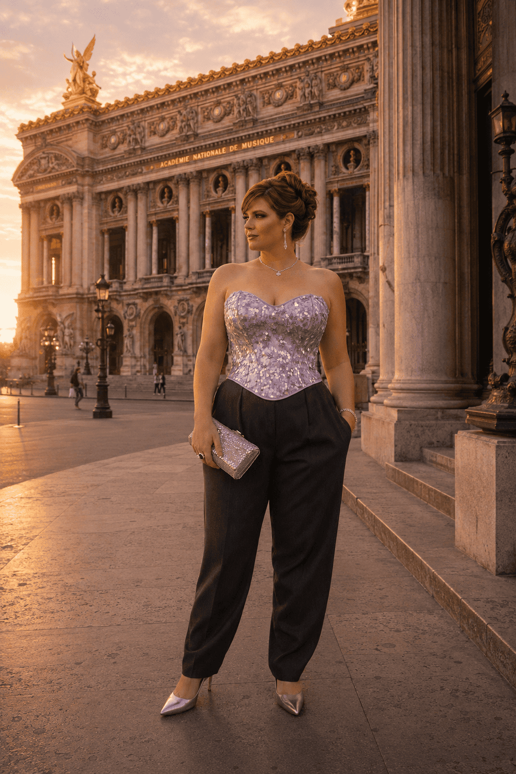 Corset bustier lavande à paillettes scintillantes porté avec un pantalon noir taille haute et des escarpins argentés devant le Palais Garnier à Paris, photographié à la golden hour.