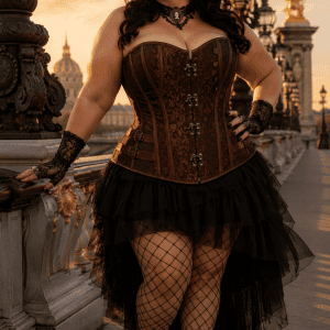 Corset bustier pirate brun grande taille porté avec une jupe asymétrique en tulle noir, des bas résilles et des bottines victoriennes au pont Alexandre III à Paris, à la golden hour.